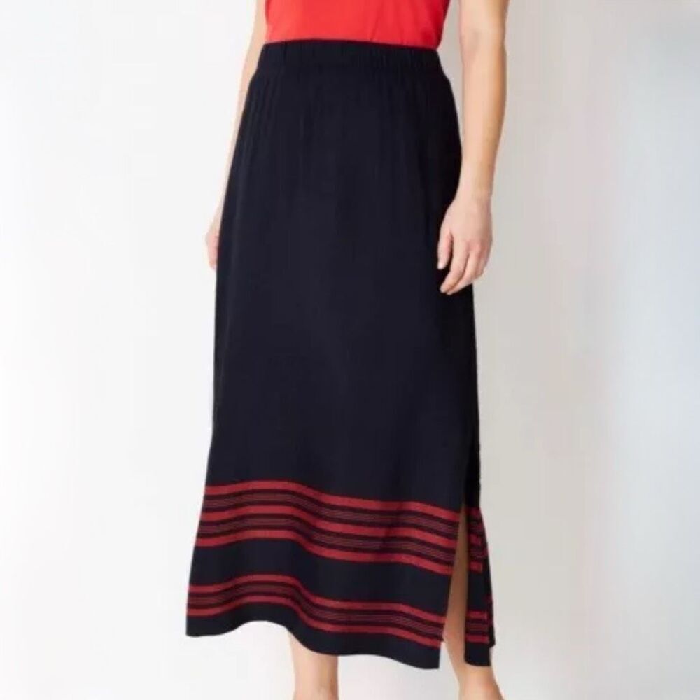 J. Jill Women's Navy Blue & Red Striped Linen Blend Maxi Skirt Size Large